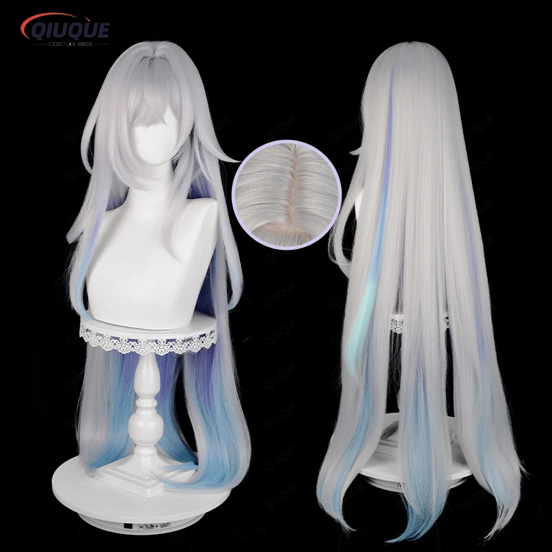 Game Impact Skirk Cosplay Wig Long Silver White with Blue Gradient Heat Resistant Synthetic Hair Anime Wigs + Wig Cap