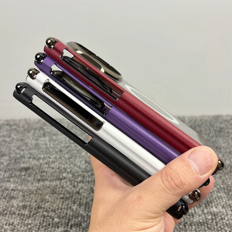Magnetic Leather Double Hinge Case with Magsafe and Transparent Back