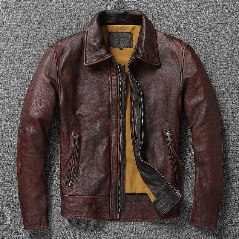 big & tall genuine leather coats & jackets shipping! Free Top layer Cow Oversized Leather Jacket Red-Brown American retro Motorcycle Style Color Distressed High Sense Coat cowhide print jacket Genuine Leather