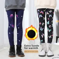 2-12T Winter Warm Baby Girls Leggings Plus Velvet Thicken Pants Stretchy Kids Leggings Printing Flower Children Trousers Age 2
