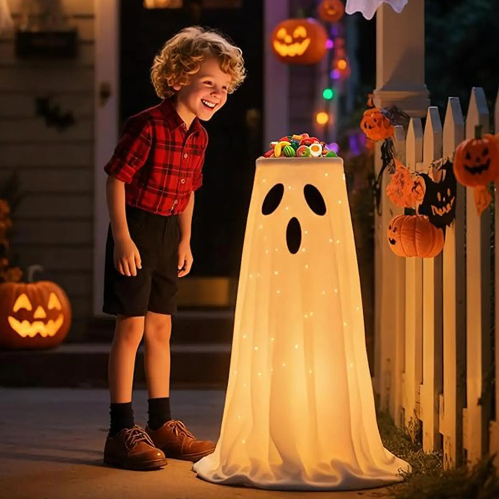 Halloween Lighted White Cloth Ghost Candy Bowl Indoor & Outdoor Decor Scary Standing Ghosts Decor for Front Door Porch Yard