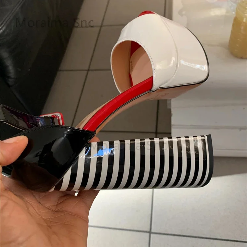 Women Sandals Women High Heels Peep Toe Chunky Platform Women's Sandals Square Heels Ankle Strap High Heels Sandals Summer Black and White Stripes Party Shoes