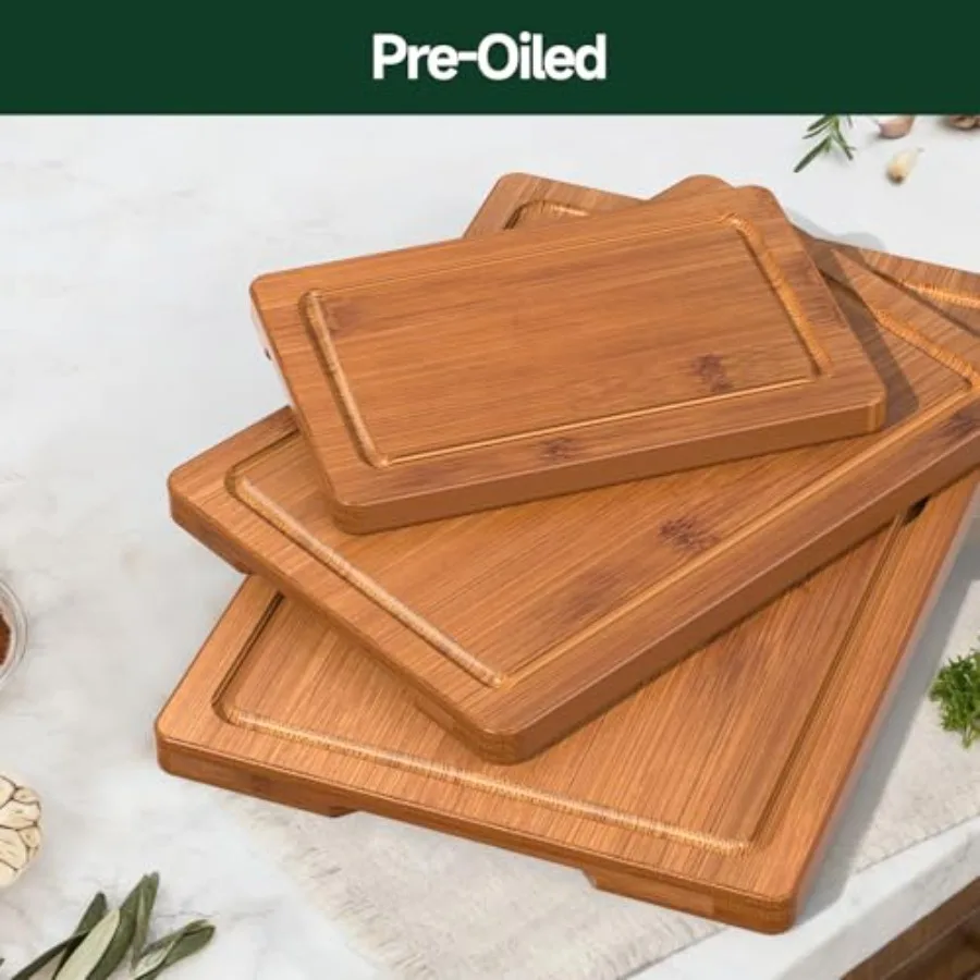 Kitchen bamboo cutting board - crack-resistant natural wood with deep juice grooves, pre-oiled butcher block in warm brown for 6