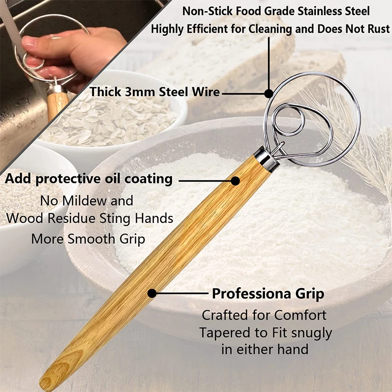 LMETJMA Danish Dough Whisk Stainless Steel Dough Whisk Mixer Dutch Style Bread Hand Mixer For Bread Batter Pastry JT149 dough mixer