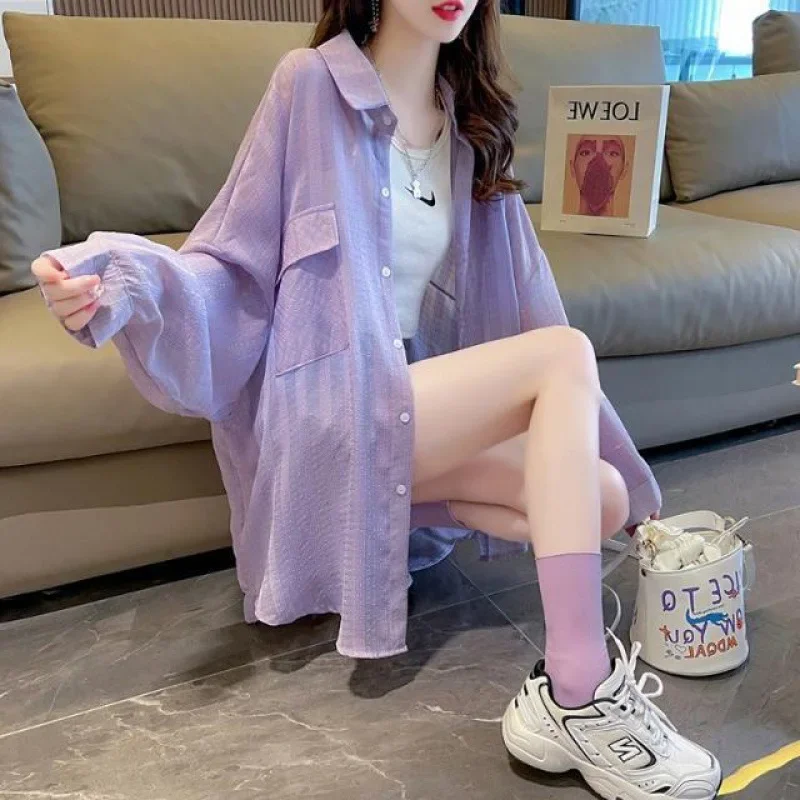 여성 시폰 에어컨 재킷, 중간 길이, 통기성, 루즈핏, 얇은 긴팔 가디건, 홍콩 스타일, 패셔너블