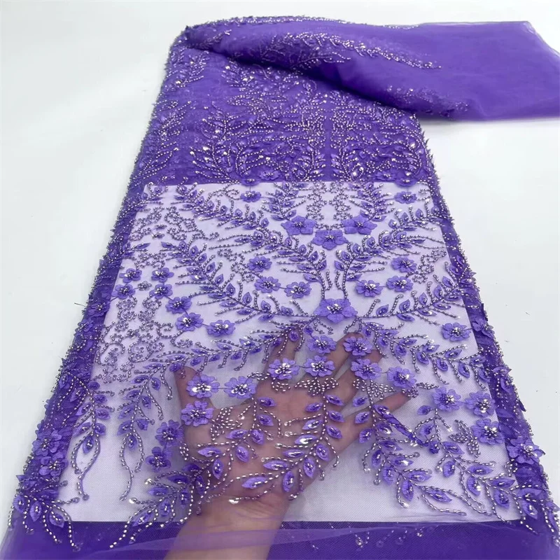 

Sequence African Lace Fabric 5 Yards Embroiderd Nigerian Lace Fabric Purple High Quality Laces Groom Tulle French Lace For Drees