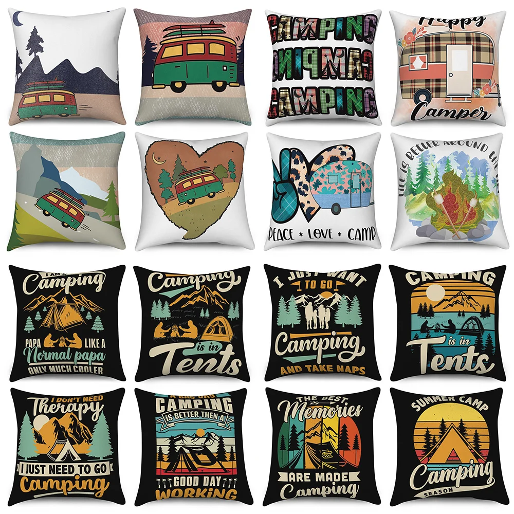 

Customizable Decorative Cushion Covers Camping Bus Printed Pillow Home Sofa Throw