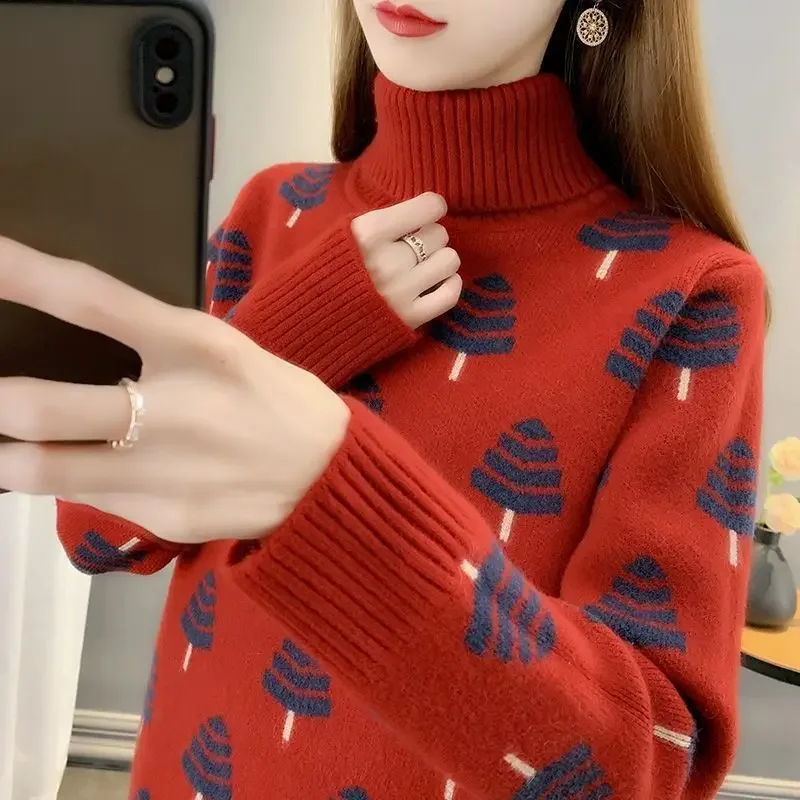 

Women's Long Sleeve Turtleneck Christmas Tree Sweater Printed Knitwear Loose Fall Winter Pullover Jumper Comfy Knitting Tops