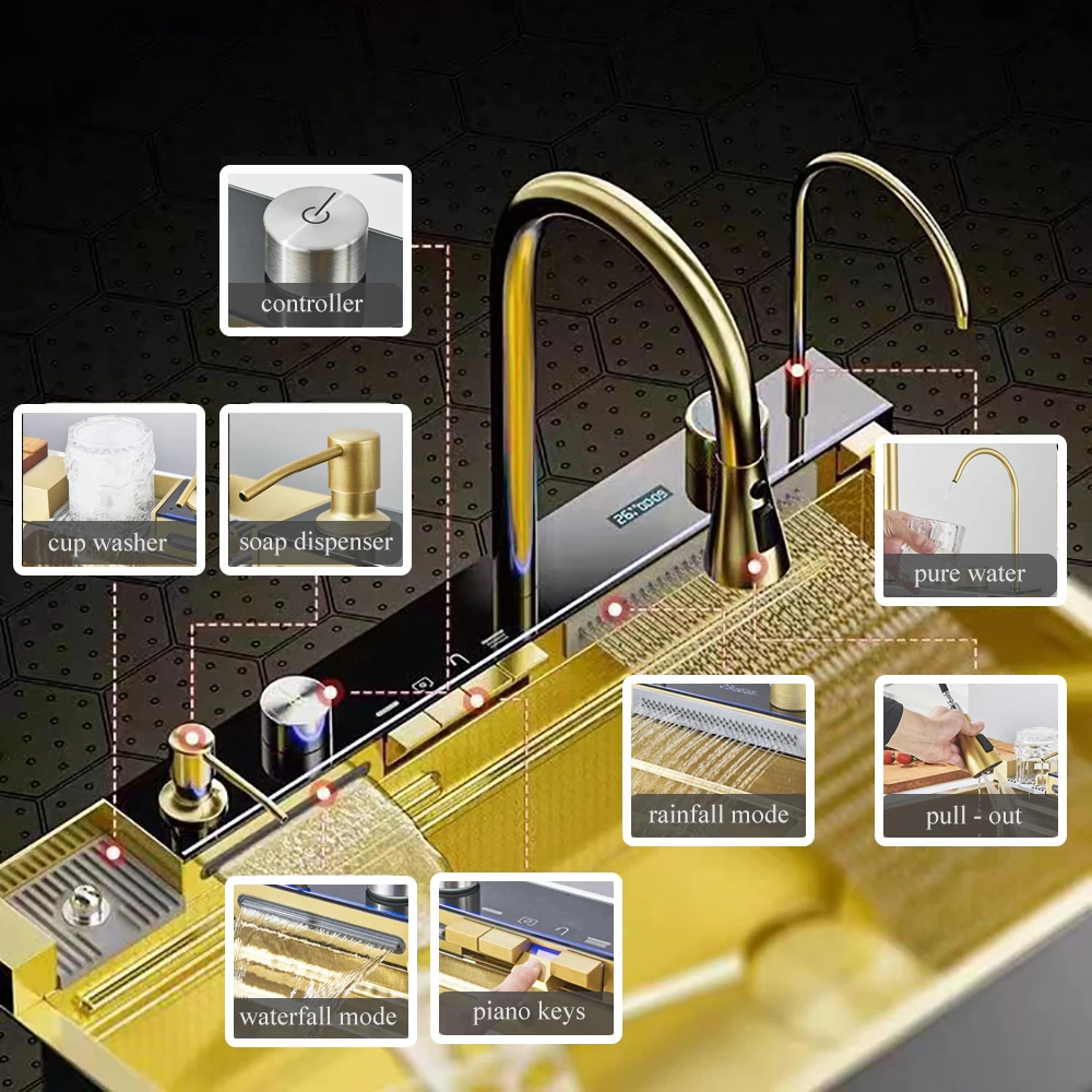 Golden Multifunctional Kitchen Sink Digital Display 304 Stainless Steel Waterfall Kitchen Sink with Soap Dispenser 2