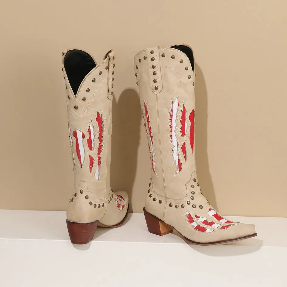 Women's Cowboy Boots Retro Western Boots Mid Calf Rivets Decor Pointed Toe Comfy Chunky Med Heels Shoes 2024 New Plus Size 10.5