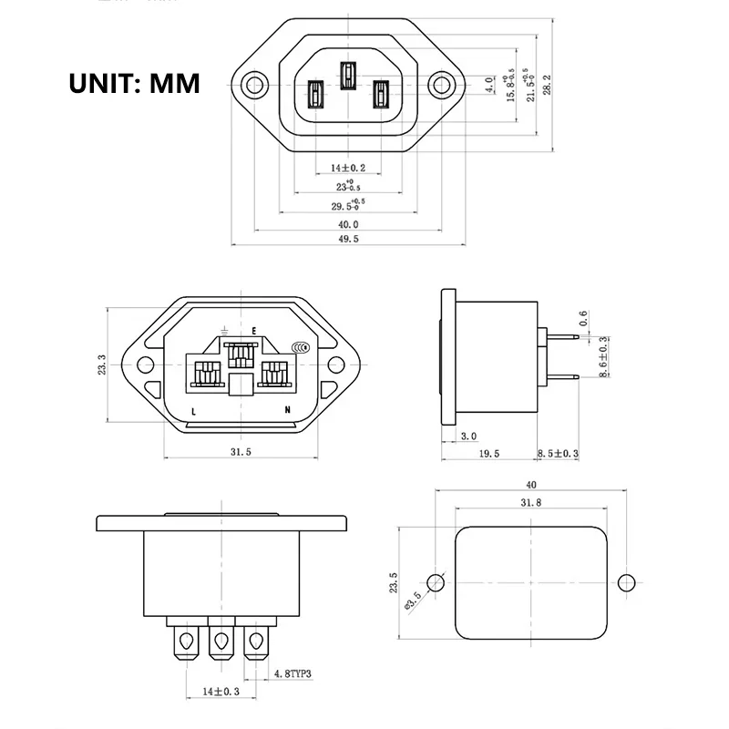AC-04F Receptacle AC 250V10A Cable Wire Connector lEC 320 C14 Female AC Power Plug Inlet Socket Jack AC-06 Connector