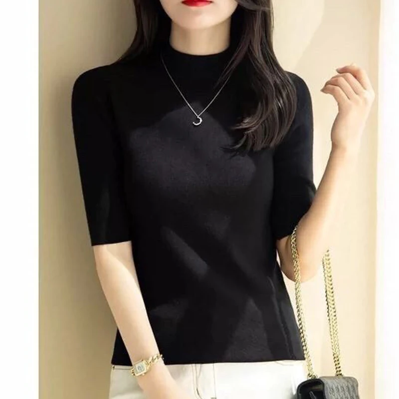 

Summer Elegant Fashion All Match T-shirt Women Sophisticated Minimalist Half High Collar Half Sleeve Solid Color Artistic Top