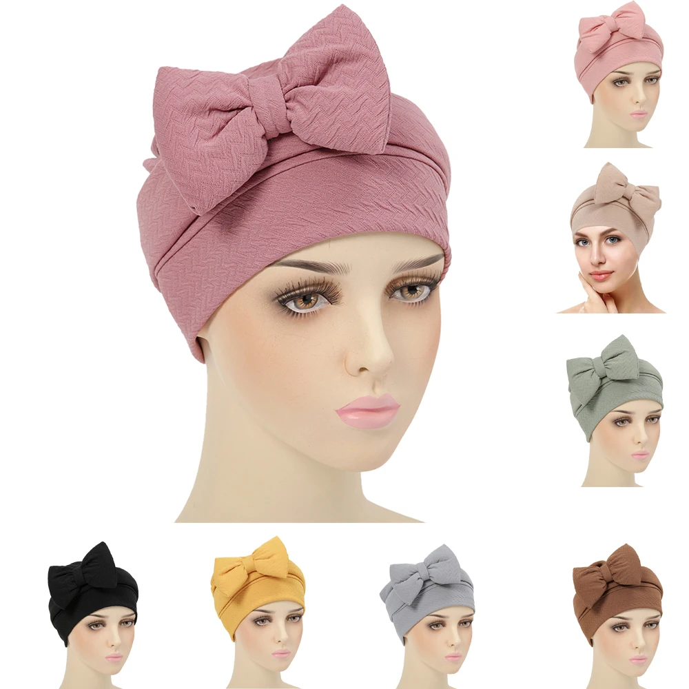 

New Women Big Bow Turban Hair Accessories India Hat Turban Head Wrap Chemo Cap Muslim Inner Hijabs Hats Bonnet Islamic Beanies