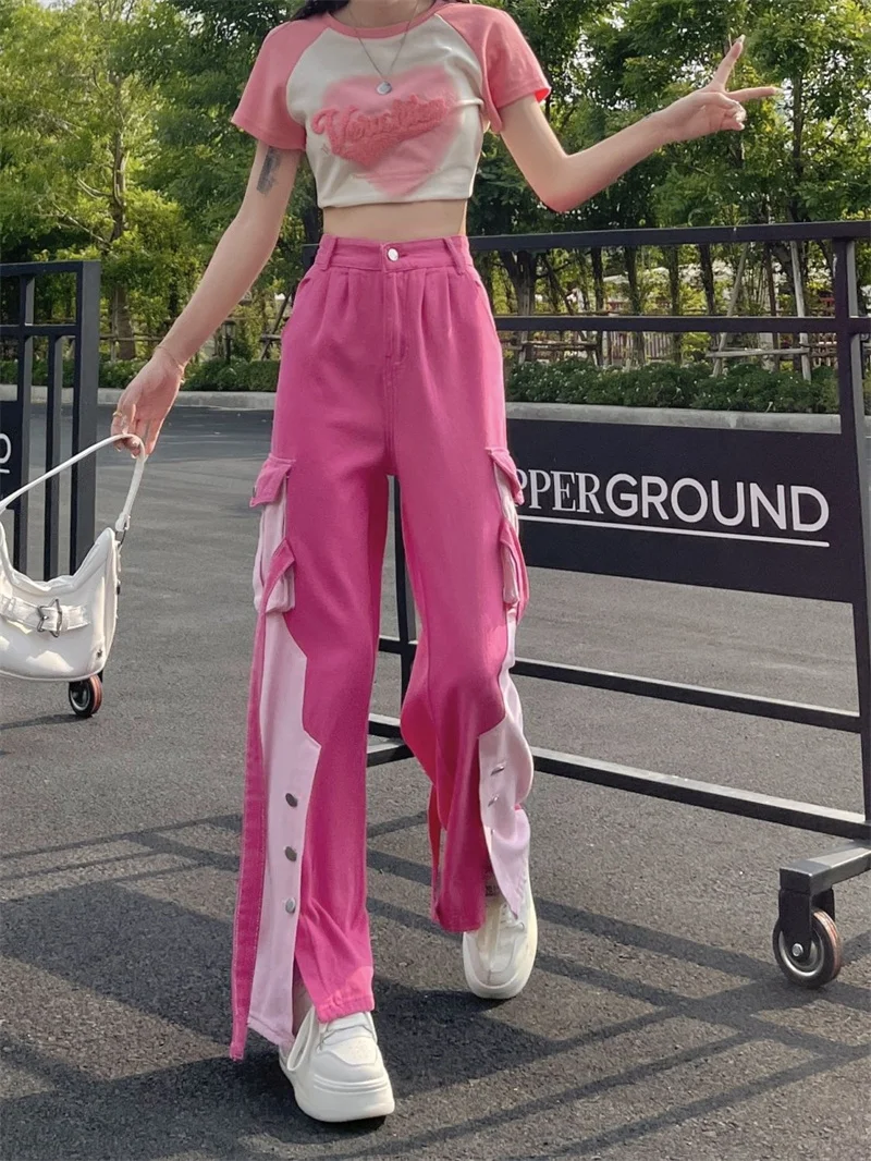 Pink Work Suit Jeans Women's Summer Spicy Girl Dopamine High Waist Style Design Sense Versatile Colored Straight Leg Pants P91