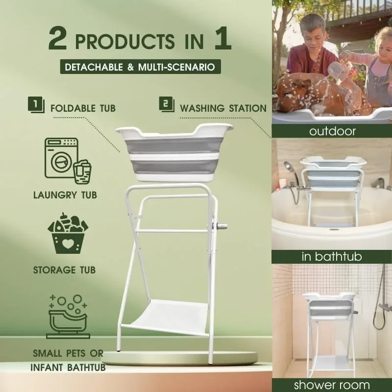 2-in-1 Dog Bathtub & Washing Station, Elevated Collapsible Bathtub with Drainhole, Shower Head Holder & Storage Rack, Foldable 4