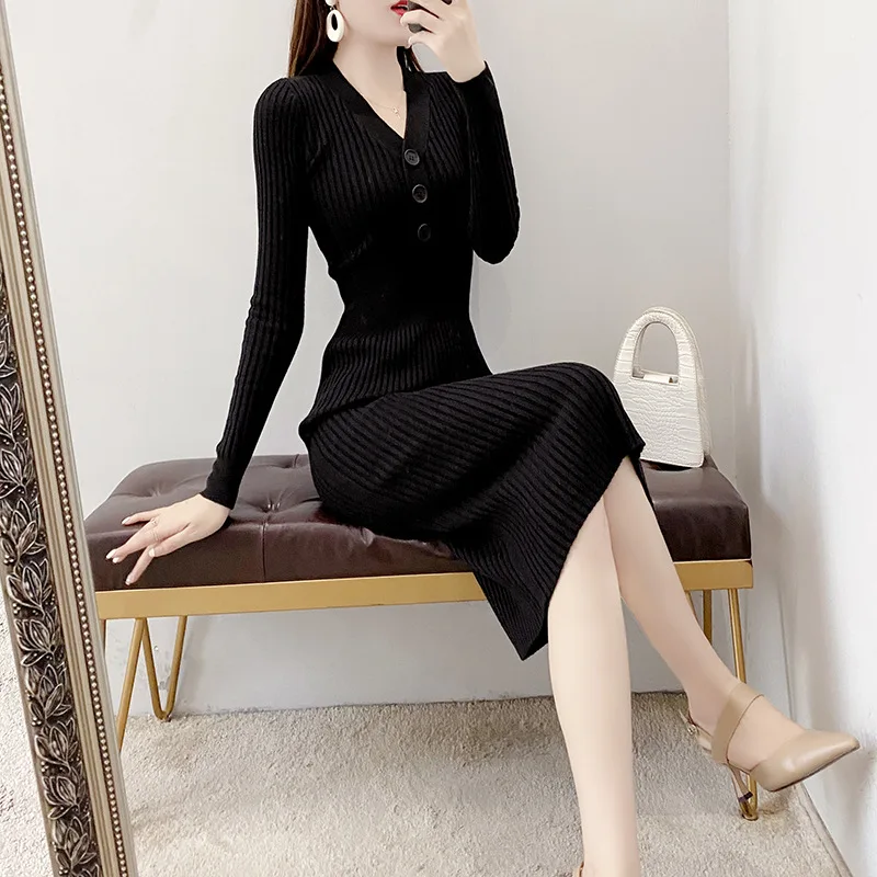 

Elegant Knitted Sweater Long Sleeve Knitting Dress Women Korean Fashion V-neck Long Sleeve Button Ankle Length Bodycon Dresses