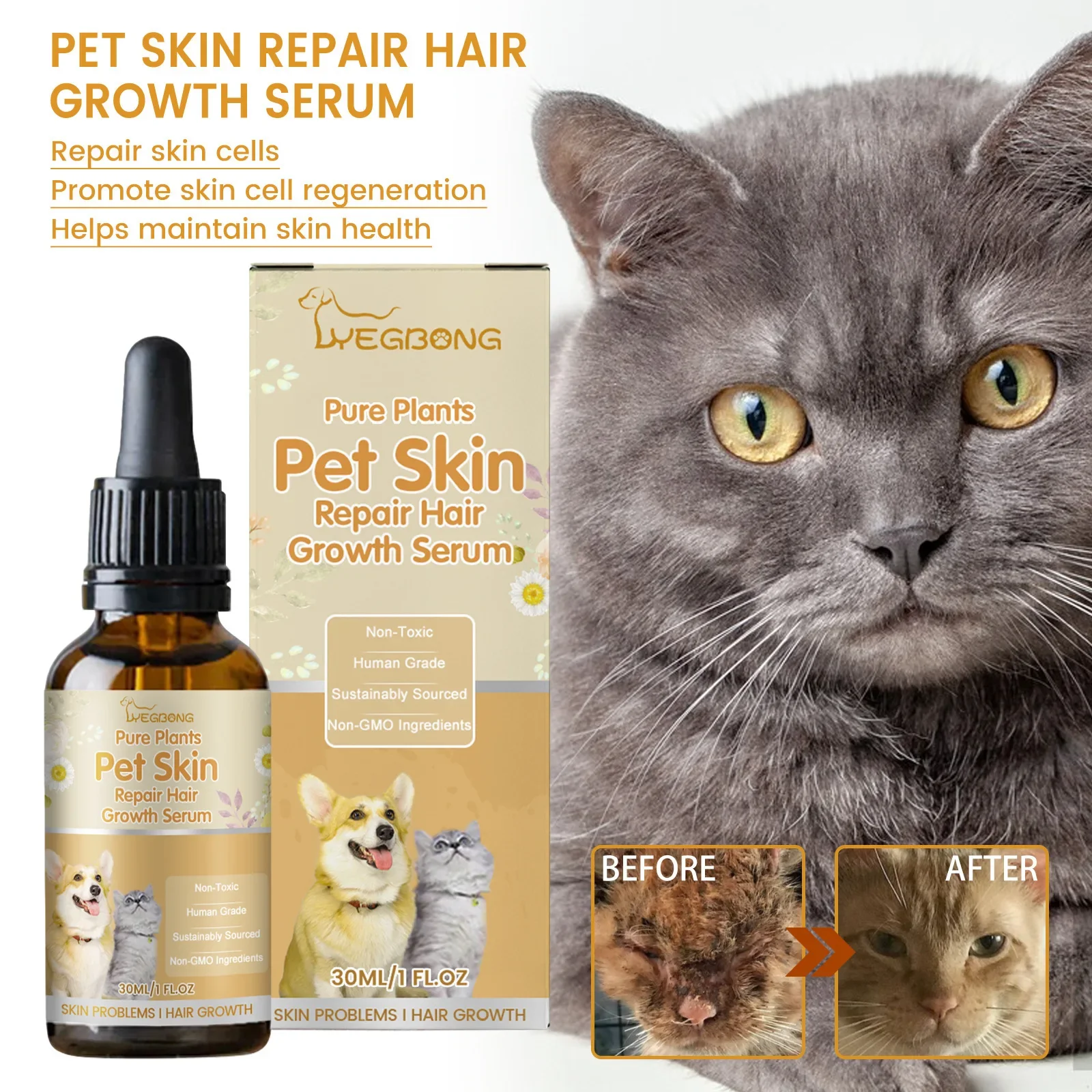 Yegbong Pet Skin Repair Serum, Cat and Dog Skin Wound Dermoss Care Repair Hair Itching Serum