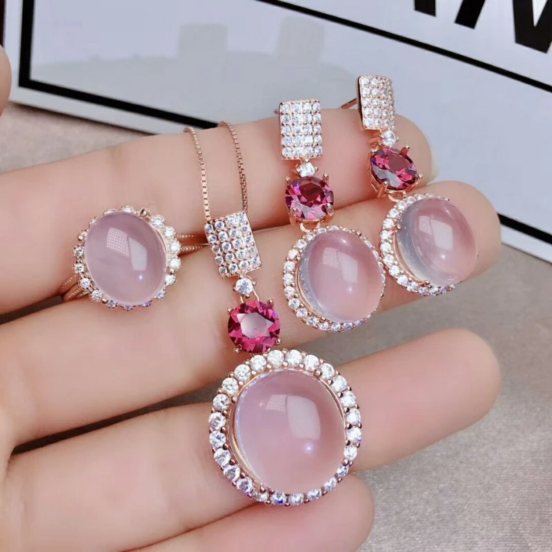 

【M&T】Natural pink rose quartz jewelry set 925 sterling silver necklace Earrings ring engagement wedding party Christmas gift