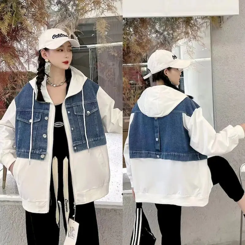 Denim Patchwork Hooded Jacket Women Fashion Zip Up Cardigan Hoodie