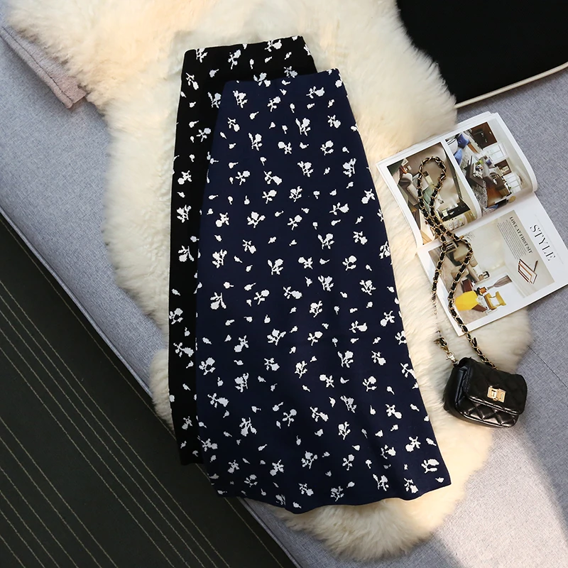 

Floral Print Knit Skirts Korean Elastic High Waist Slim Thickened Vintage Women Midi A-line Autumn Winter Elegant Knitwear O339