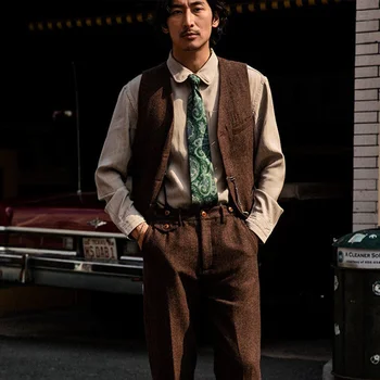 Gilet da uomo in tweed retrò britannico, gilet a spina di pesce in lana autunnale, giacca da abito vintage