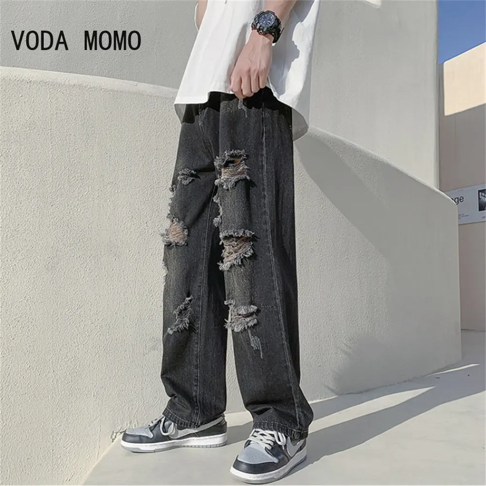 Summer Blue Black Ripped Jeans Men Fashion Casual Wide Leg Jeans Mens Streetwear Loose Hip Hop Straight Hole Denim Pants Men summer blue black ripped jeans men fashion casual wide leg jeans mens streetwear loose hip hop straight hole denim pants men