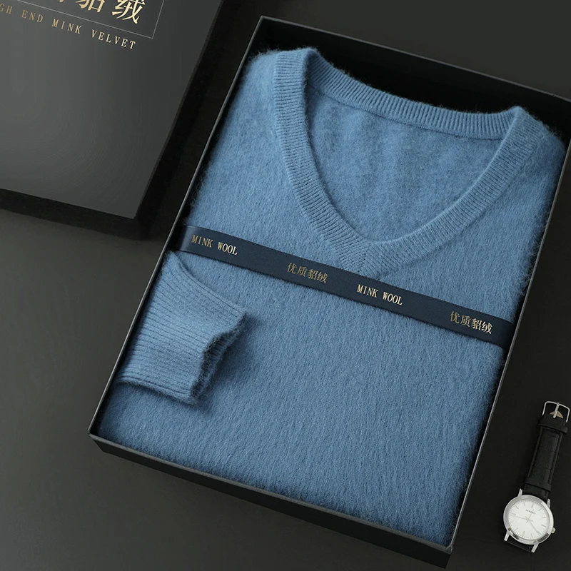 Men's 100% Mink Cashmere Large Size Sweaters Autumn Winter Solid V-neck Casual Knit Pullovers Men Long Sleeve Warm Jumper 2
