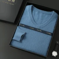 Men's 100% Mink Cashmere Large Size Sweaters Autumn Winter Solid V-neck Casual Knit Pullovers Men Long Sleeve Warm Jumper 2