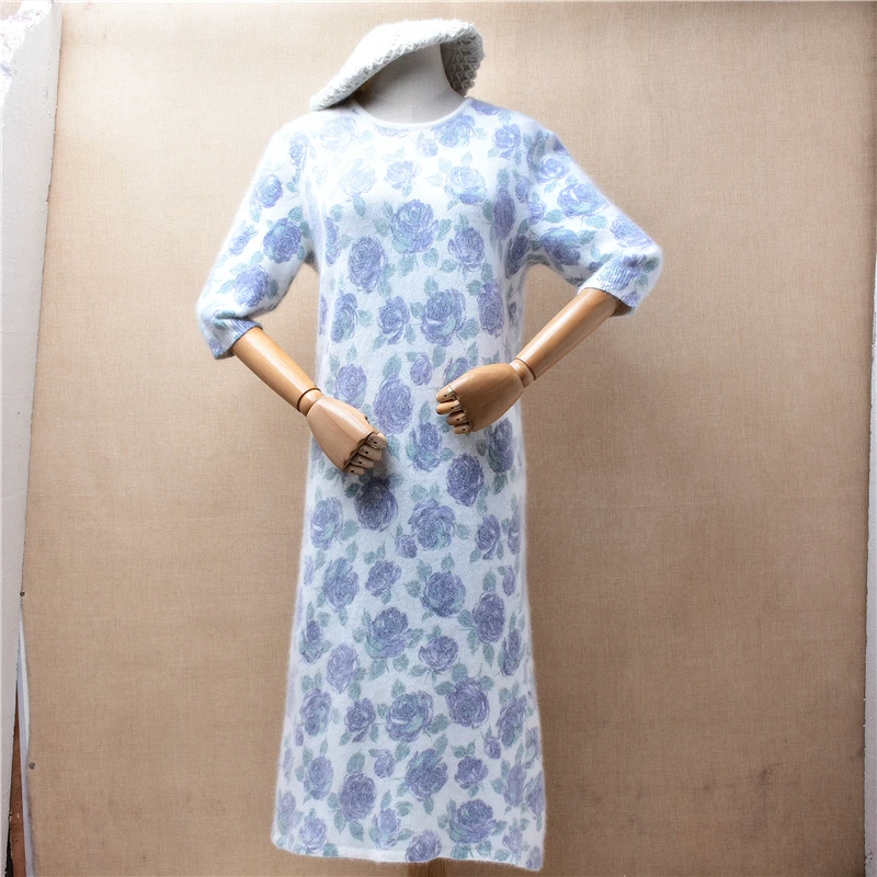 

Elegant Fashion Ladies Women Fall Winter Flower Angora Rabbit Hair Knitted Half Sleeves Slim X-Long Sweater Dress Pull Jumper