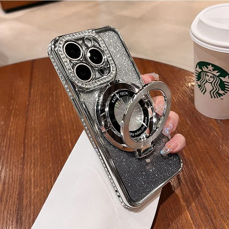 thumbnail image 1 of Funda Magsafe de lujo con diamantes brillantes para iPhone, soporte magnético, funda de silicona suave, 15, 14, 13, 12, 11 Pro Max, 15 Plus, 1 of 5