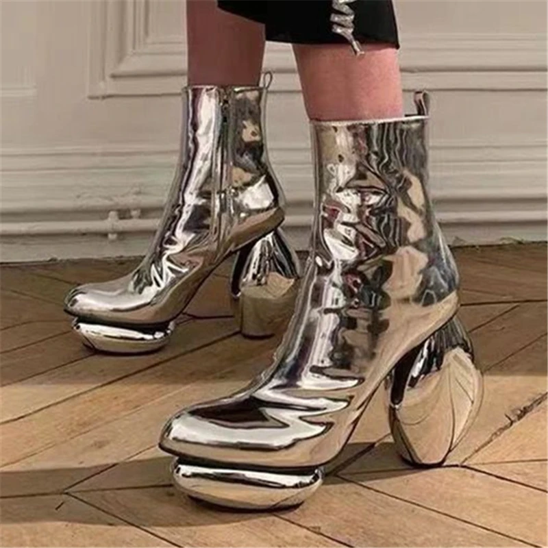 

Silver Patent Leather Women Ankle Boots Strange High Heel Short Booties Thick Sole Platform Botas Designer Dress Shoes Pumps