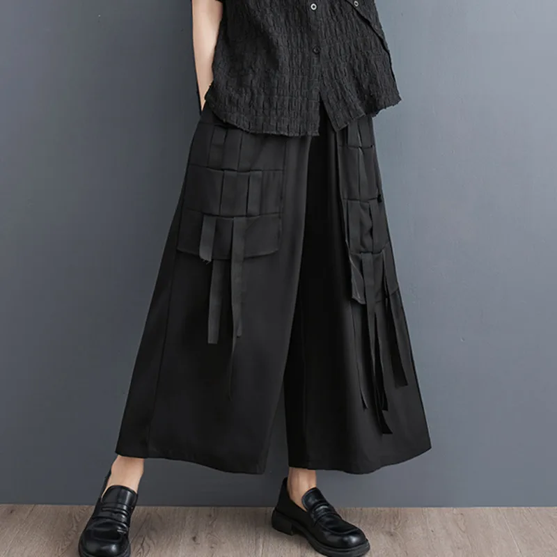 #2961 Black Streetwear Wide Leg Pants Women Ribbons Hip Hop Pants Ankle-length Loose Joggers Women High Waisted Trousers Summer