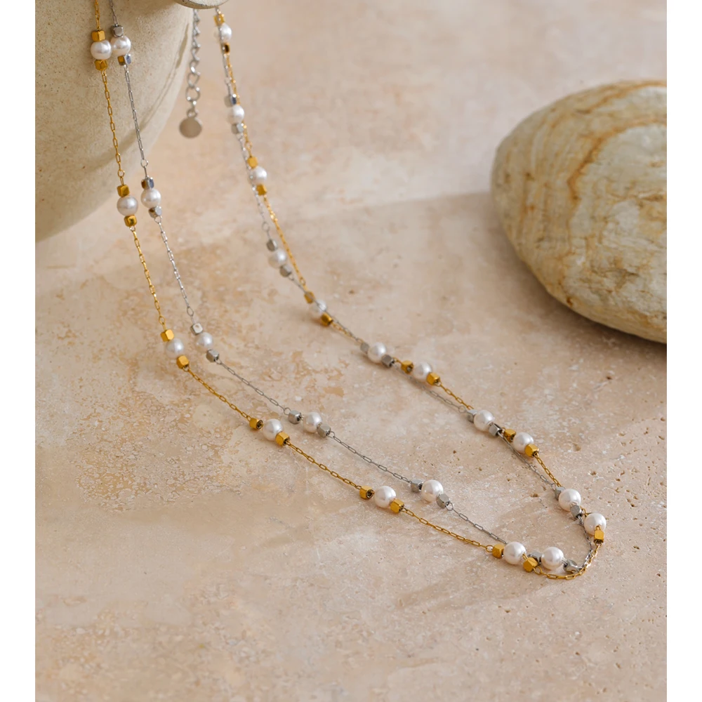 Yhpup Waterproof Stainless Steel Simulated Pearls Square Thin Chain Necklace