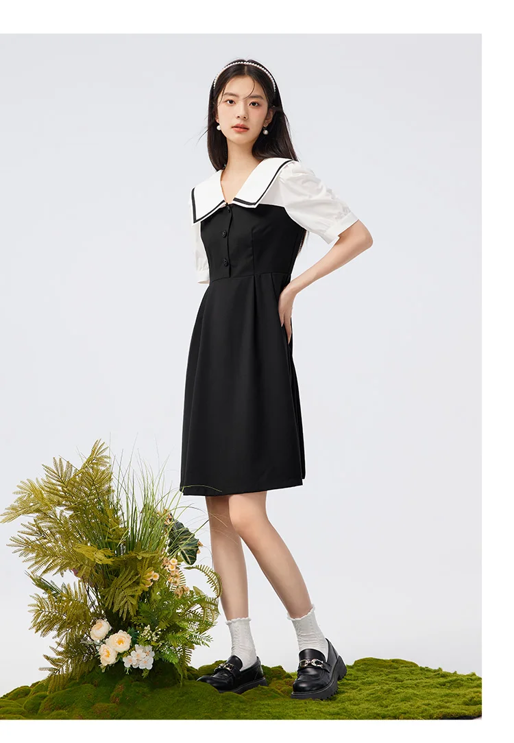 Dress Lapel College Style Short Skirt Playful Sweet Autumn Easy-to-Care Patchwork Little Black Dress