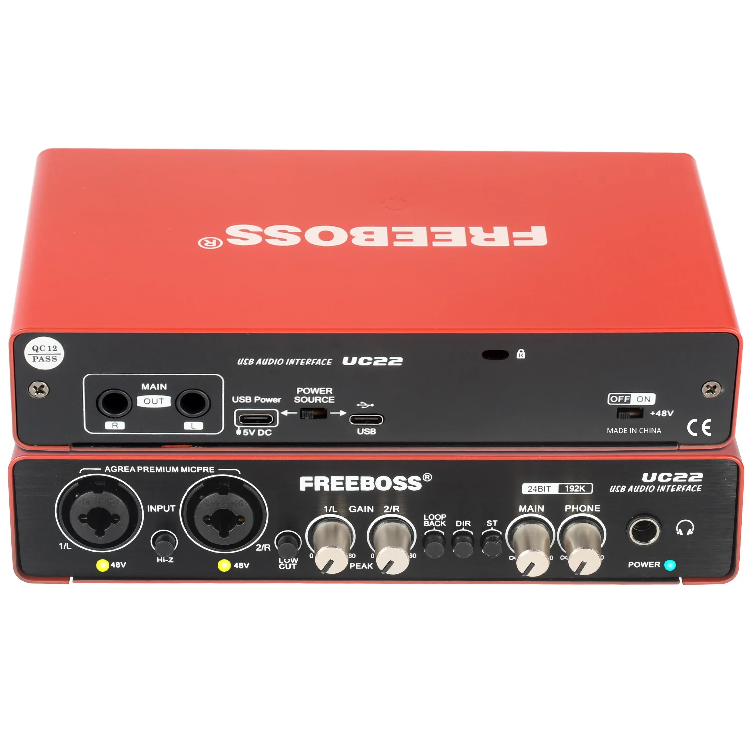 FREEBOSS 24Bit 192KHz Audio Interface Professional Stereo Recording Loopback Guitar USB External Sound Card 48V 2 Mic Input UC22