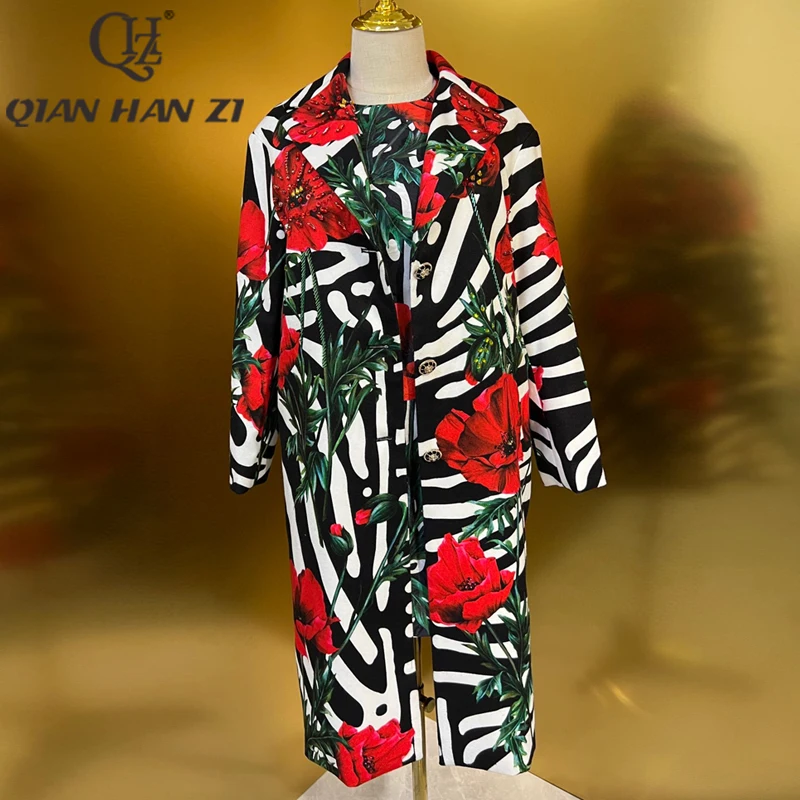 

QHZ Designer Fashion Runway pattern Print Woolen Coat Long Women Long sleeve Diamonds Sequins Beaded retro winter Warm Overcoat