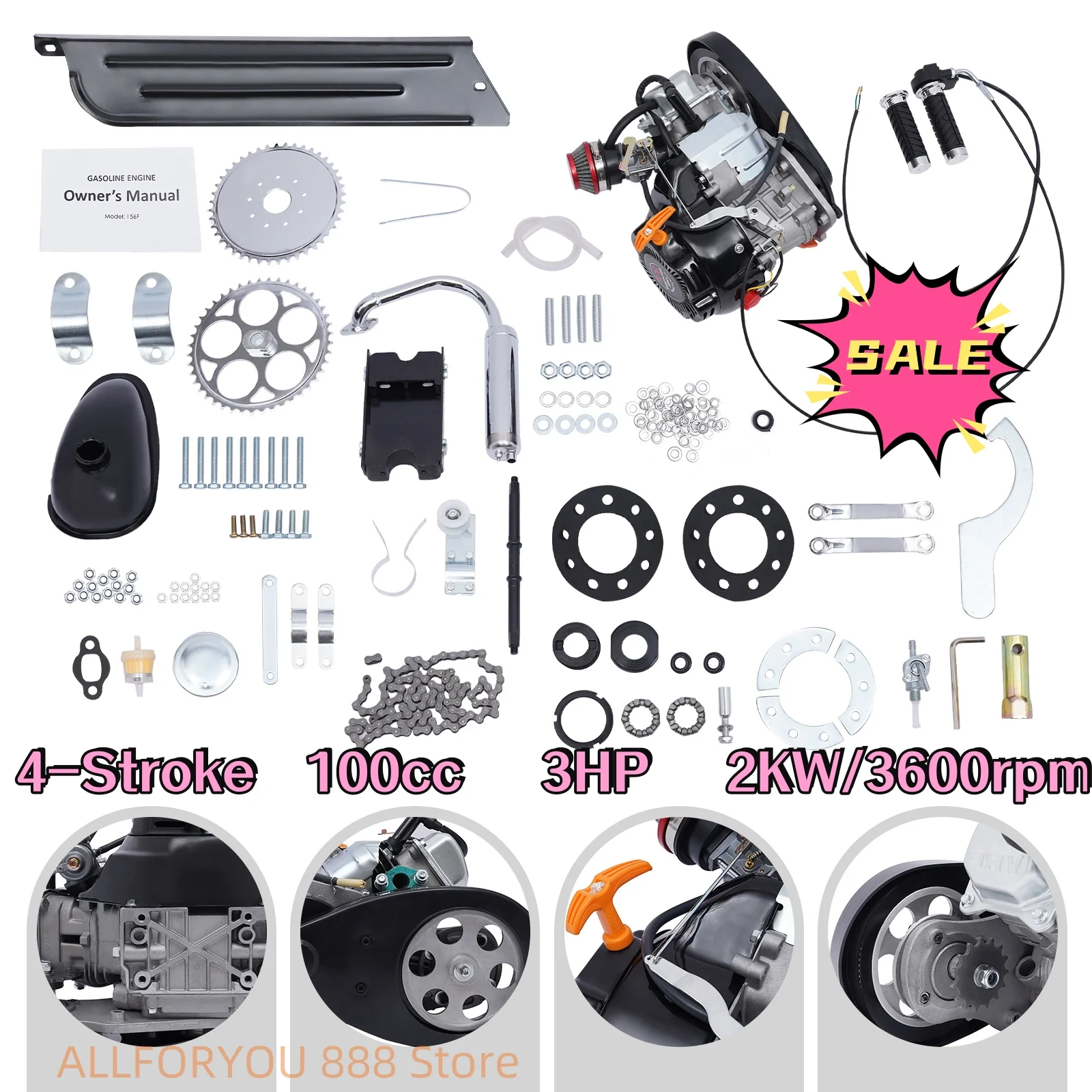 full set upgraded 100cc bike bicycle 36 tooth sprocket motorized 2 stroke petrol gas motor engine kits 4 Stroke 100CC Bike Engine Kit Set Gas Motorized Motor Bicycle Modified Engine Max Output 3HP