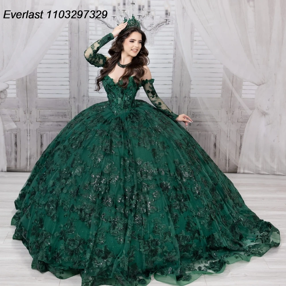 Quinceanera Dress Ball Gown Glitter Red Lace Applique Beading Long Sleeve Sweet 16 Vestido De 15 Anos E1Q08