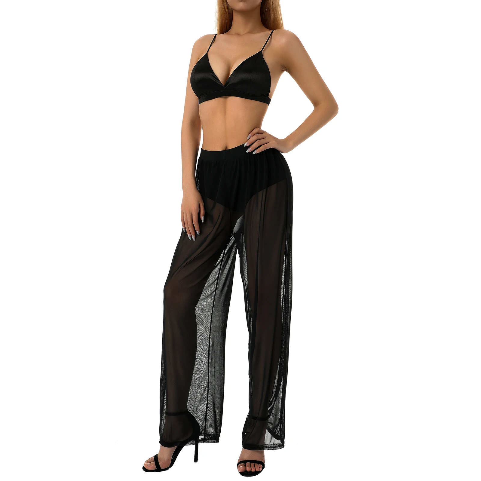 

Sexy Mesh Sheer Pants Women Wide Leg Pants Summer High Waist Perspective Straight Trousers Beach Cover-up Bottoms Clubwear Y2k