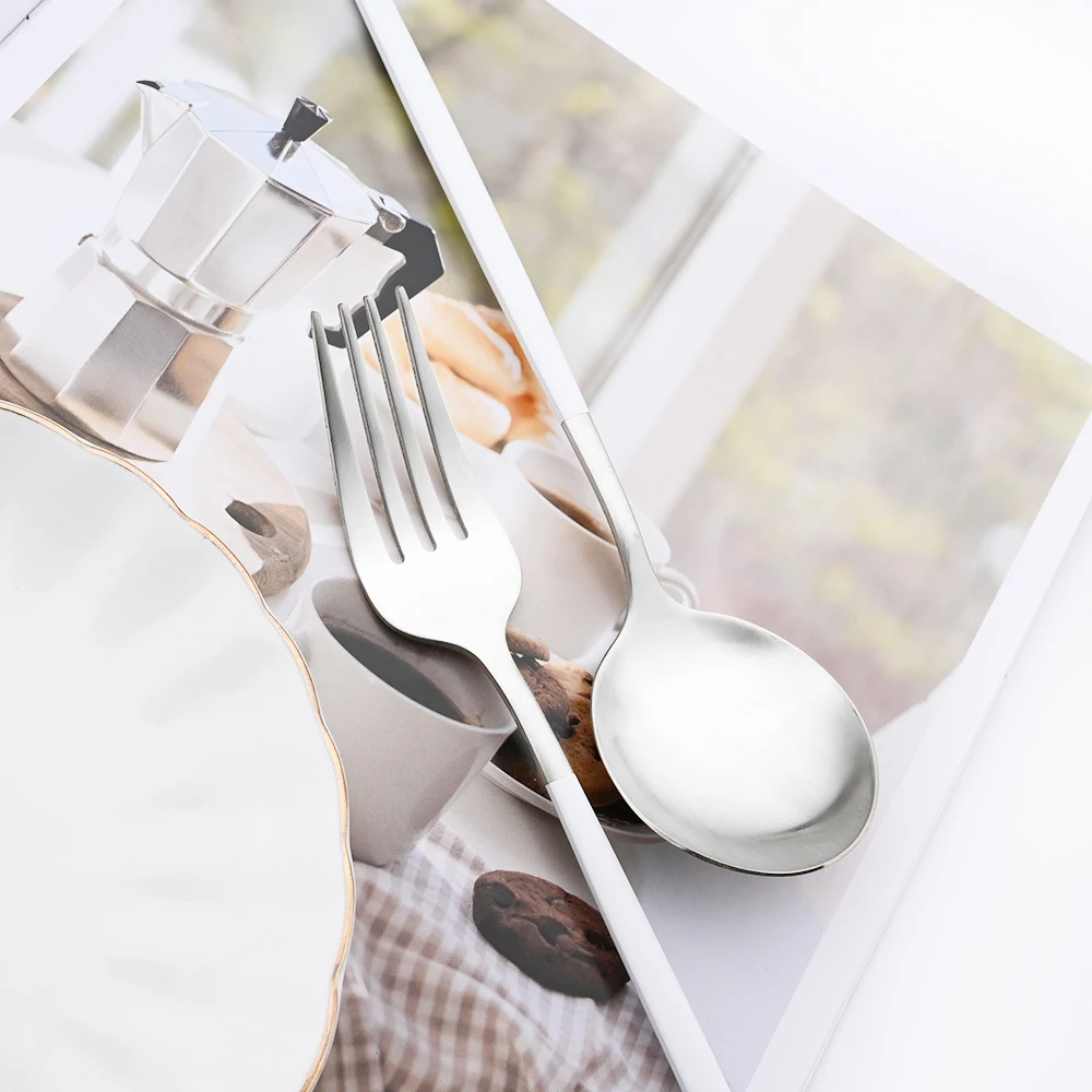 Drmfiy White Silver Dinnerware Set Western Matte Cutlery Stainless Steel Kitchen Tableware Fork Spoons Silverware Flatware Set