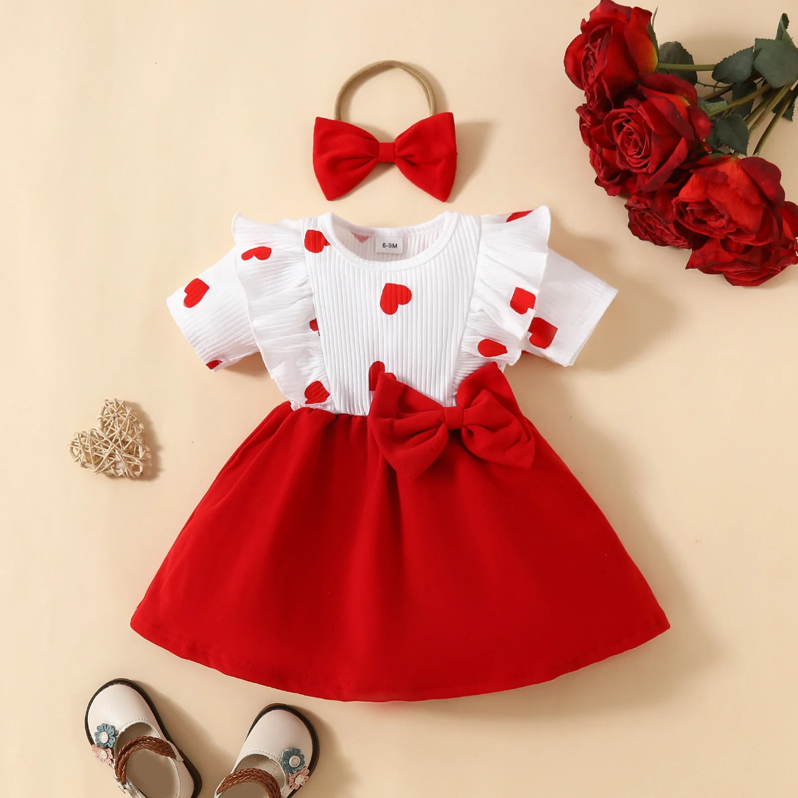 

Baby Girls Dress Valentine's Day Clothes Heart Print Rib Knit Short/Long Sleeve Dress+Headband Fashion Cute Princess Dress 0-3Y