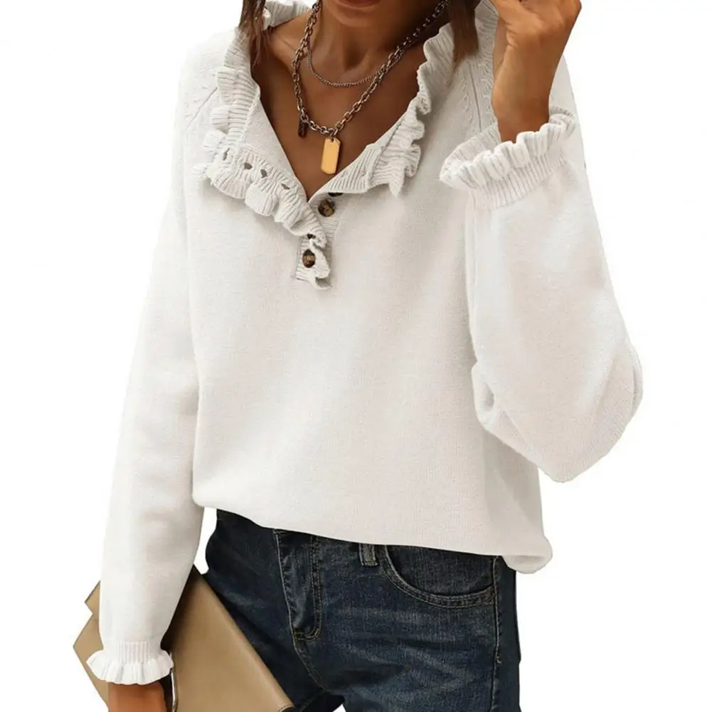 

Long-sleeve Knitwear Women's Autumn Winter Knit Sweater with Ruffle Trim Long Sleeve Button Down Pullover Solid Color for Women