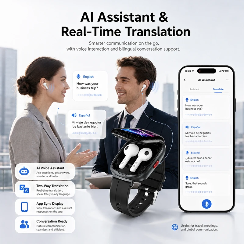 2026 Smart Watch with Built-in Wireless Earbuds HD Stereo Sound Bluetooth Calling AI Assistant Fitness Tracker for Android iOS