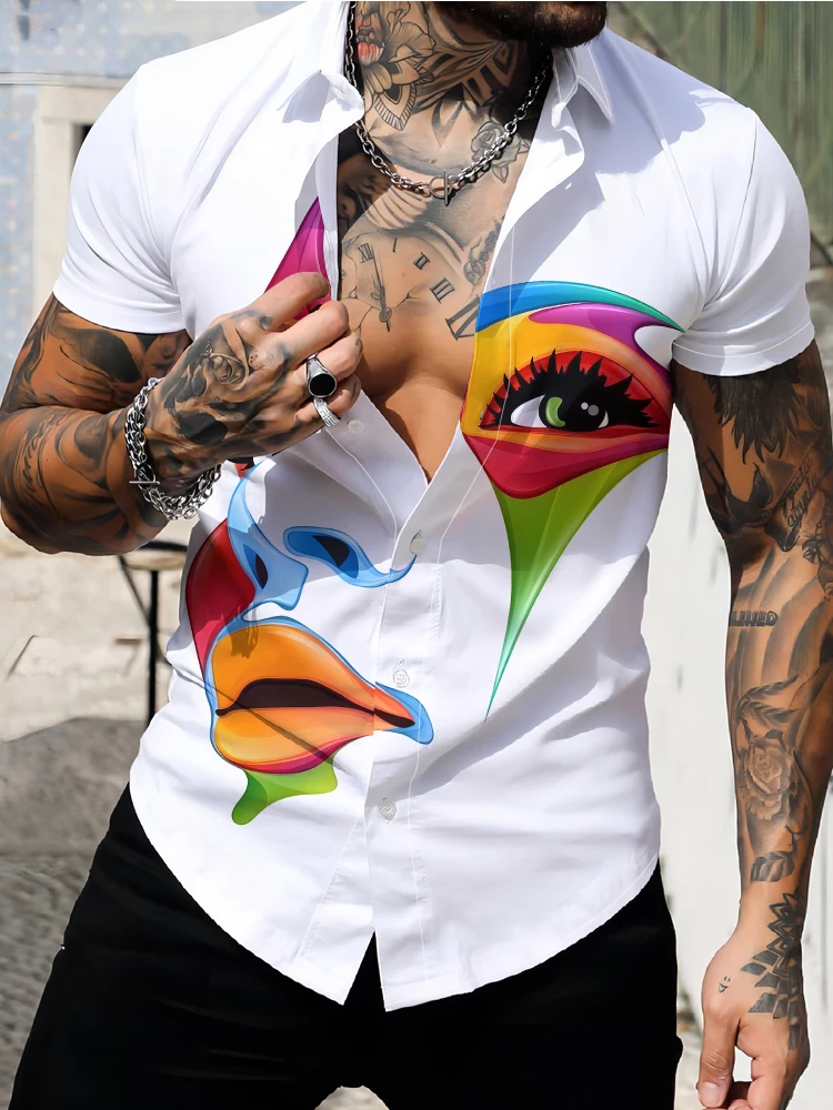 

Hot selling summer men's short-sleeved shirt colorful character head 3D digital printing shirt clean and simple shirt