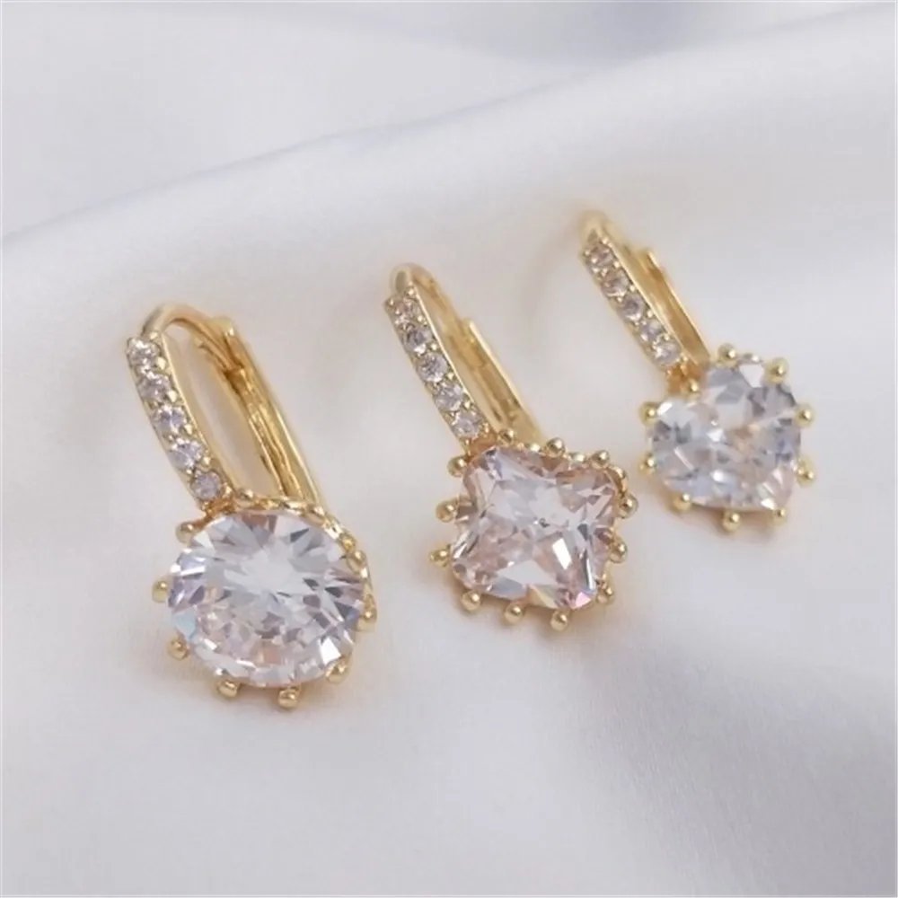 Flash Zirconium Fashion Earring 14K Gold-clad Square Zirconium Round Zirconium Heart Zircon Advanced Earring Accessories E238 ot buckle 14k gold heart shaped five pointed star diamond square buckle diy accessories end connection buckle accessories
