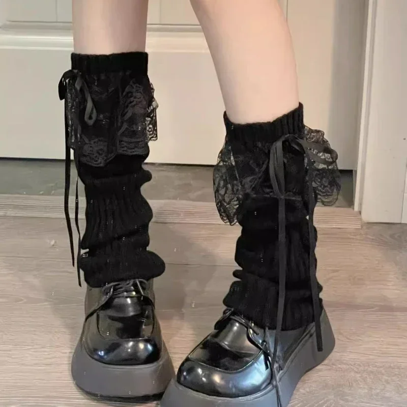 2025 neue Damen-Beinlinge, Herbst und Winter, Band, Lolita, schwarze Kniewärmer, lange Socken, JK, gestrickte weiße Beinwärmer für Mädchen – Detail 8