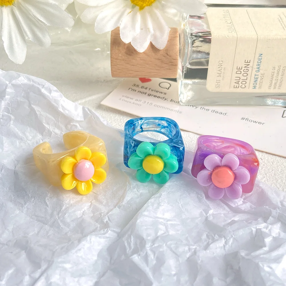 

Ins 2021 New Funny Cute Colorful Acrylic Resin Flower Ring Transparent for Women Girls Party Jewelry Gifts Fashion anillos