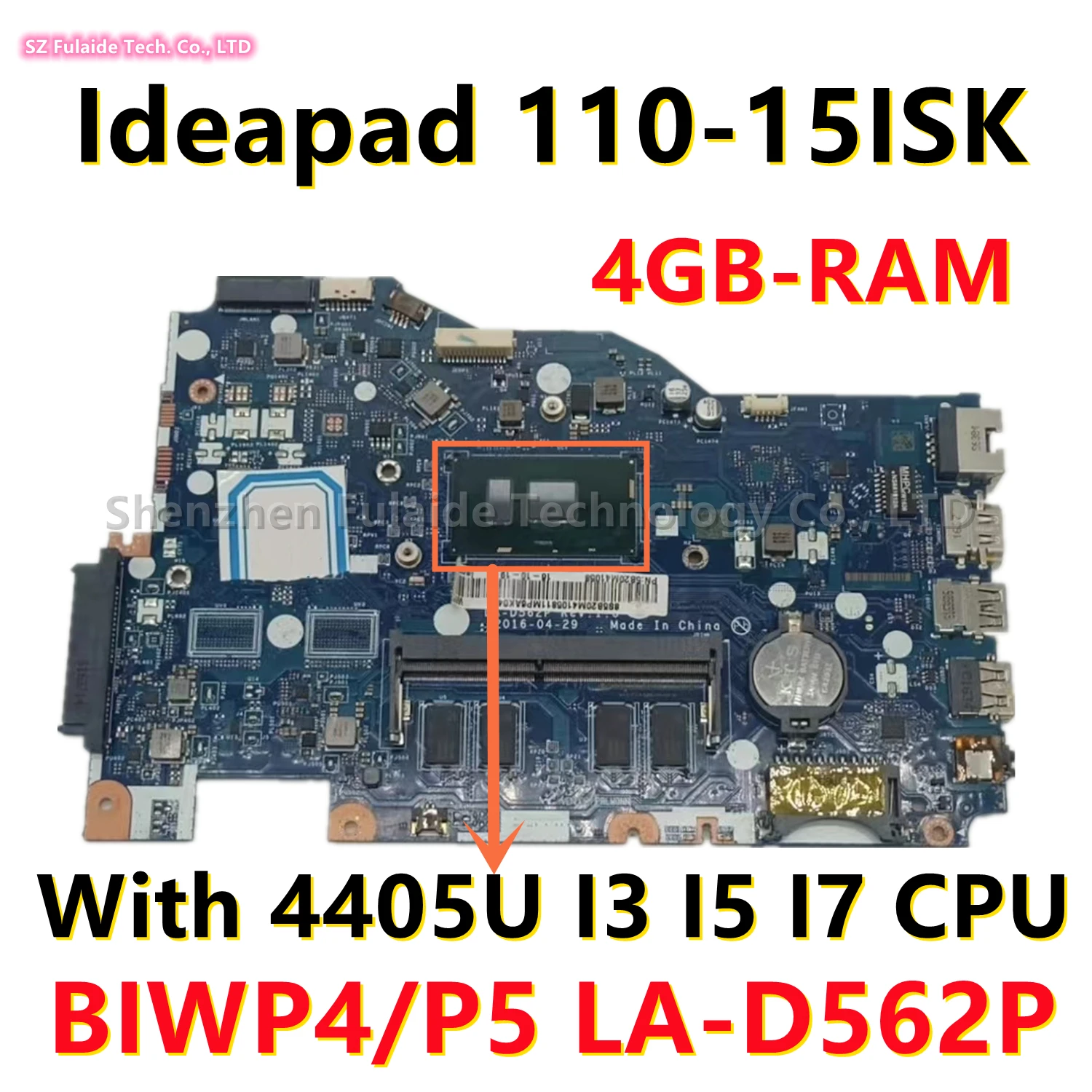 

BIWP4 P5 LA-D562P For Lenovo Ideapad 110-15ISK Laptop Motherboard With 4405U I3 I5 I7 6th Gen CPU 4GB-RAM DDR4 Mainboard 100% OK