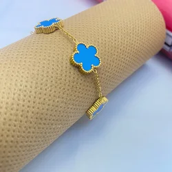 Clover Women's Double-Sided Flower Charm Bracelet - Stainless Steel Fashion Jewelry Gift (Blue bracelet)