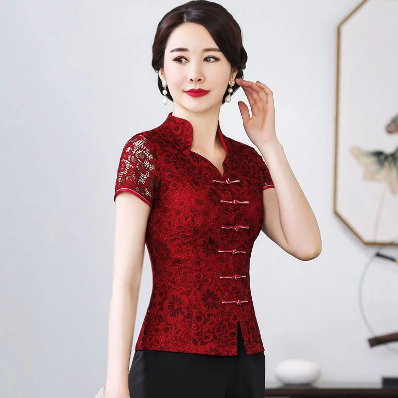 Cheongsam Women Plus Size Tops Lace Hollow Out Short Sleeve Traditional Chinese Style Red Tang Costume Qipao Shirts Woman